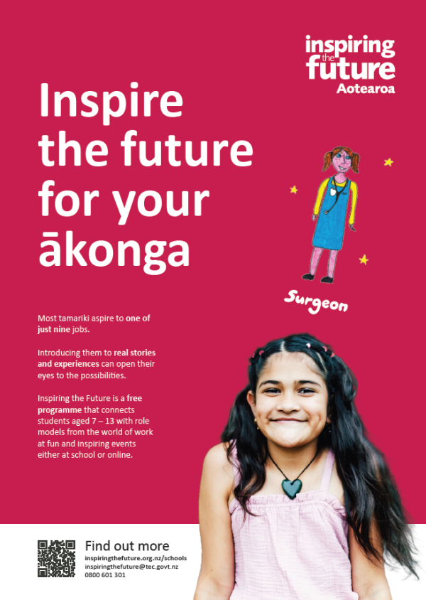 Inspiring the Future ad showing a smiling girl with a drawing of a surgeon